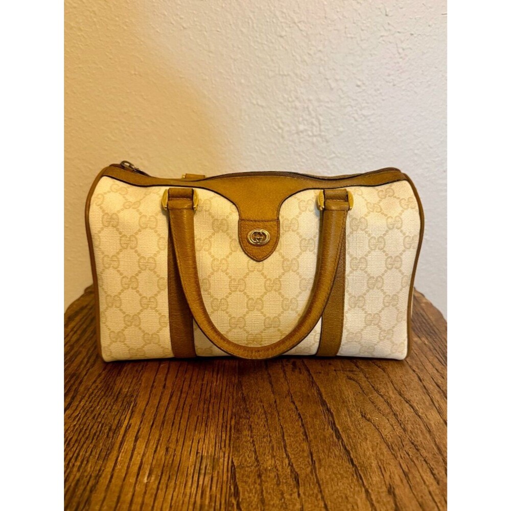 Gucci Vintage Boston Bag Cream GG Monogram Tan Leather